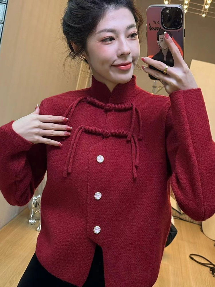 新中式流蘇盤扣立領毛衣女2023秋冬季時尚洋氣國潮風針織開衫上衣