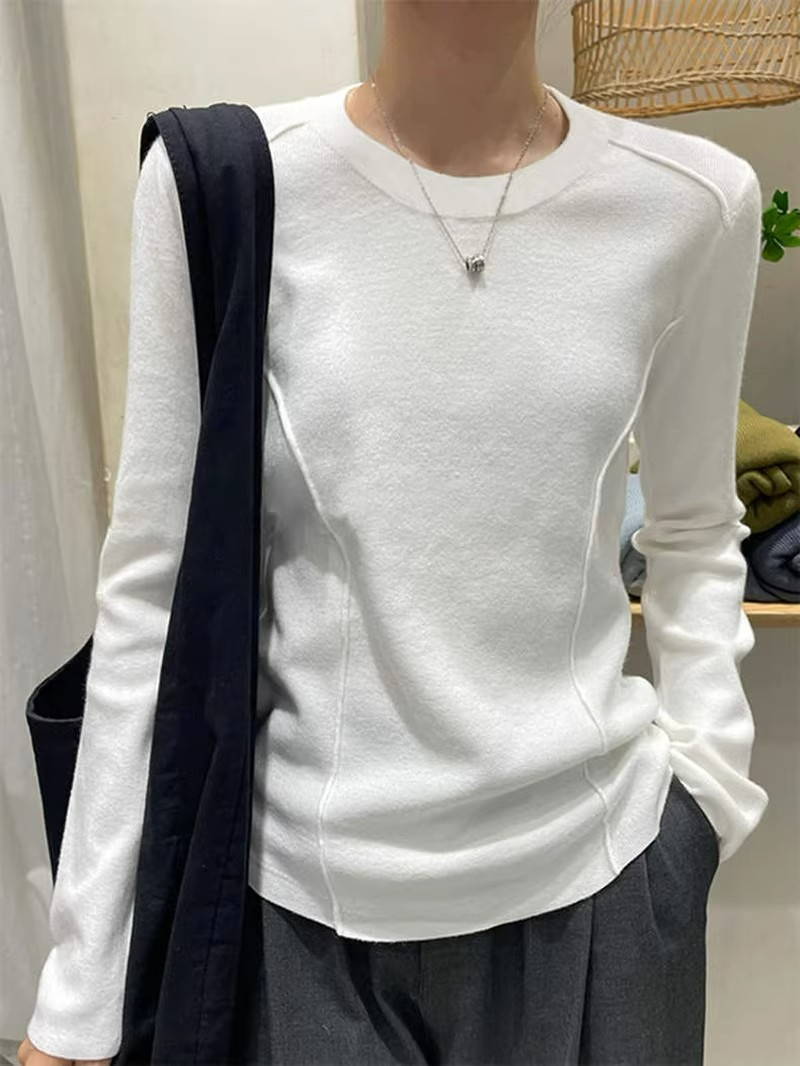 Ribbed fleece 2023 autumn and winter slim fit bottoming shirt with brushed top long-sleeved T-shirt for women