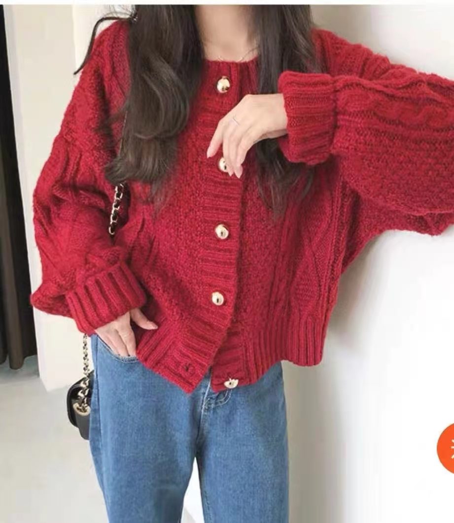春季新款龍年開衫紅色外套女針織毛衣寬鬆外穿上衣短款慵懶風