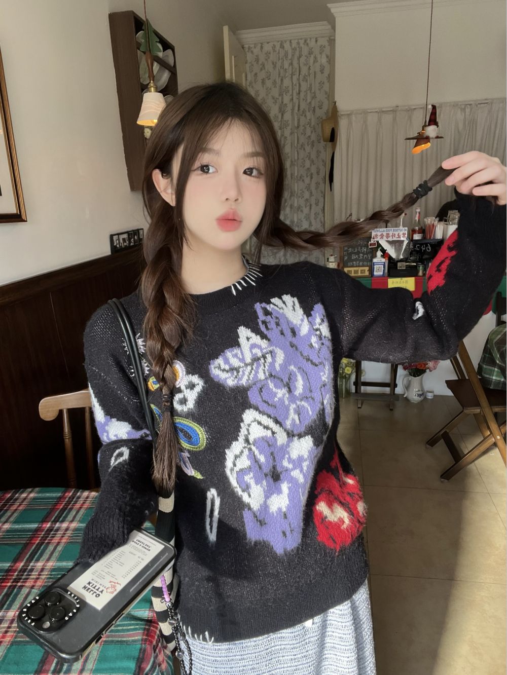 實拍三標齊復古提花撞色花朵慵懶套頭毛衣女