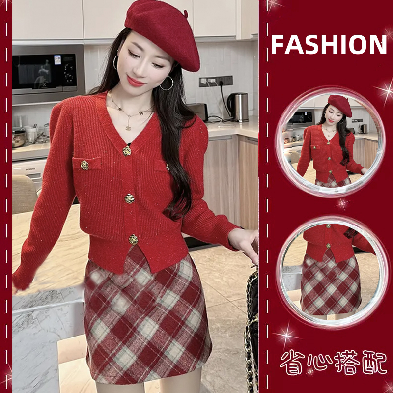 紅色毛衣女裝2024新款高級感御姐新年戰袍過年衣服秋冬裝兩件套裝