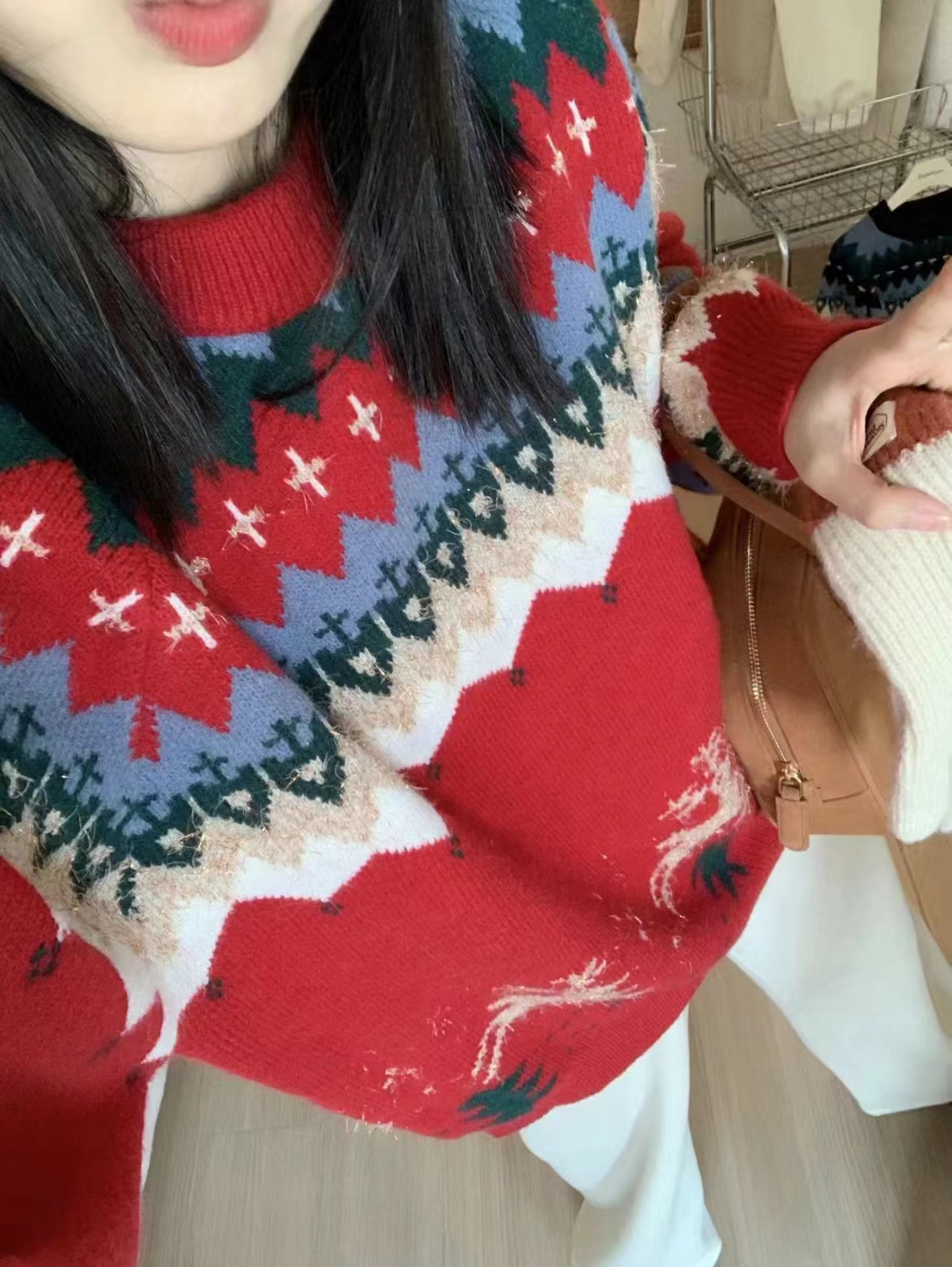 韓版2023秋冬新款寬鬆加厚提花聖誕針織保暖毛衣女