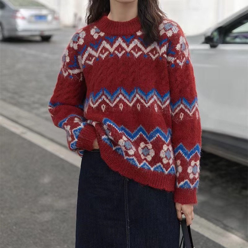 聖誕風 韓系復古慵懶風軟糯鈎花拼接針織百搭毛衣