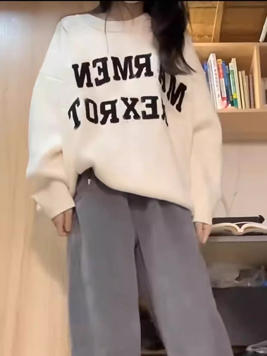 美式復古流行圓領套頭毛衣刺繡字母寬鬆慵懶風針織褲子秋冬套裝