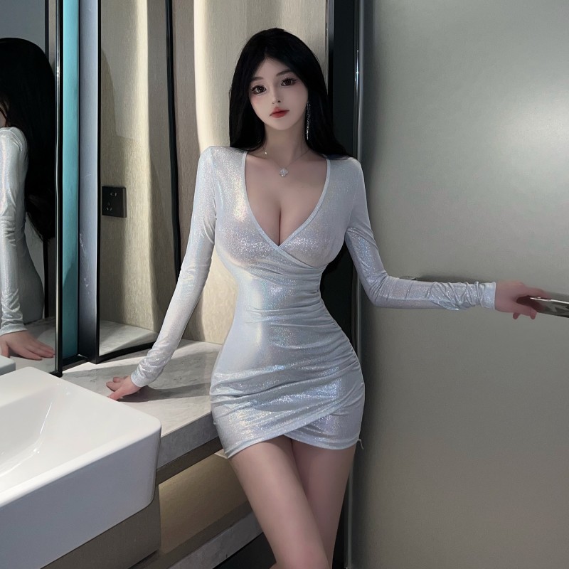 實拍~性感v領長袖銀白色修身顯瘦夜場連衣裙女