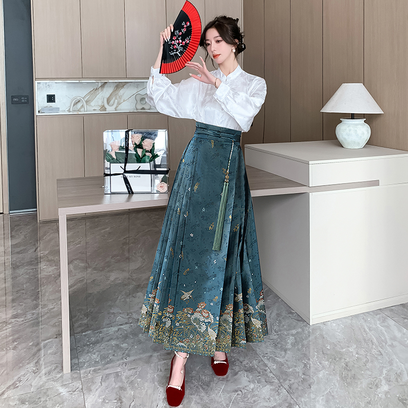 實拍蘆池小景明制多色軟翠馬面裙套裝日常可穿漢服女新款四季可穿