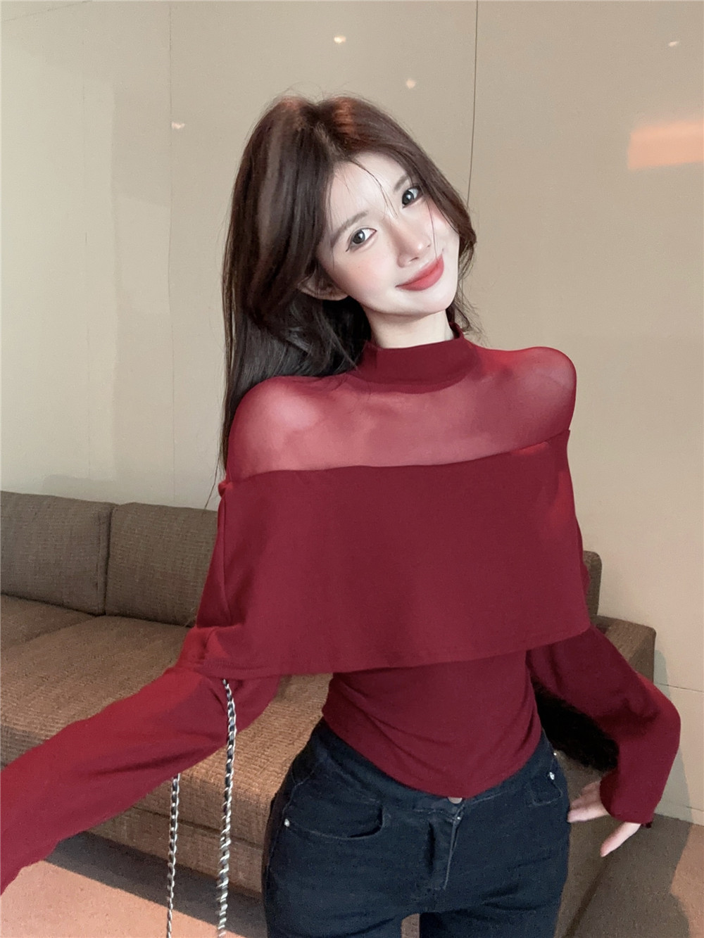 Real shot - stand-up collar mesh splicing bottoming shirt, new autumn and winter style inner layer, slim, fashionable and trendy top
