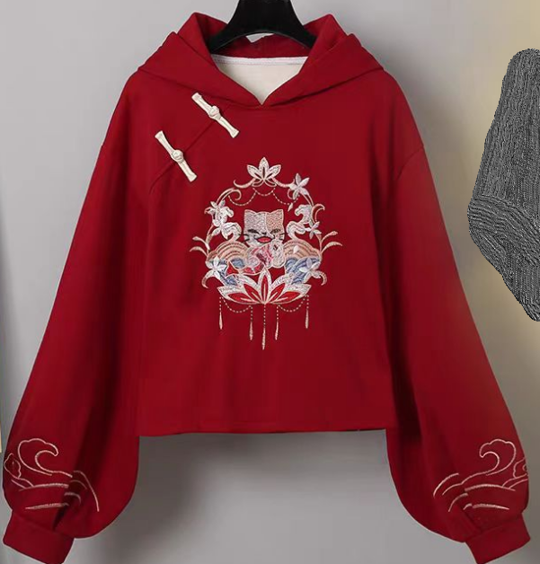 新年拜年服冬季改良漢服中國風刺繡連帽衛衣潮