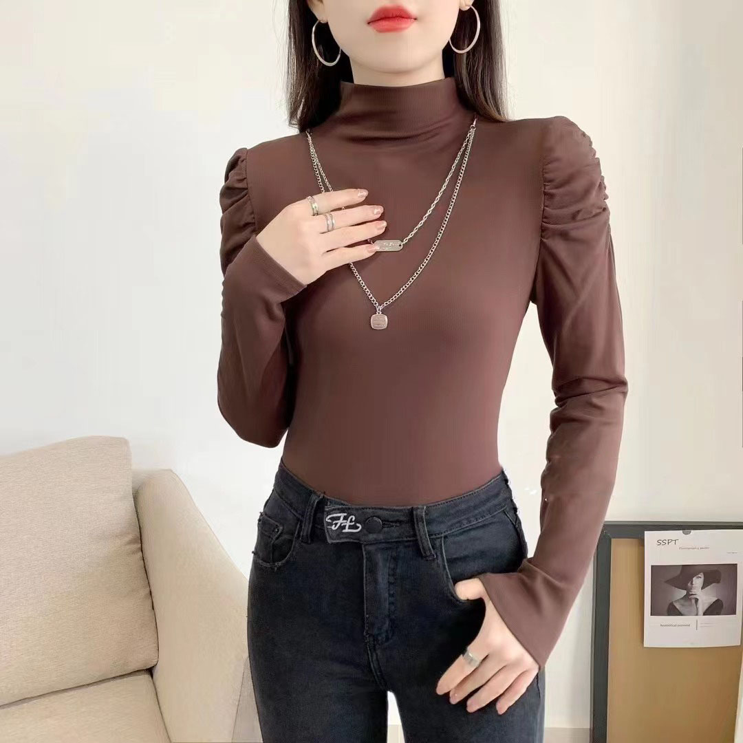Puff sleeve bottoming shirt 2024 new women's spring and autumn chain inner wear fashionable and fashionable half turtleneck long-sleeved top
