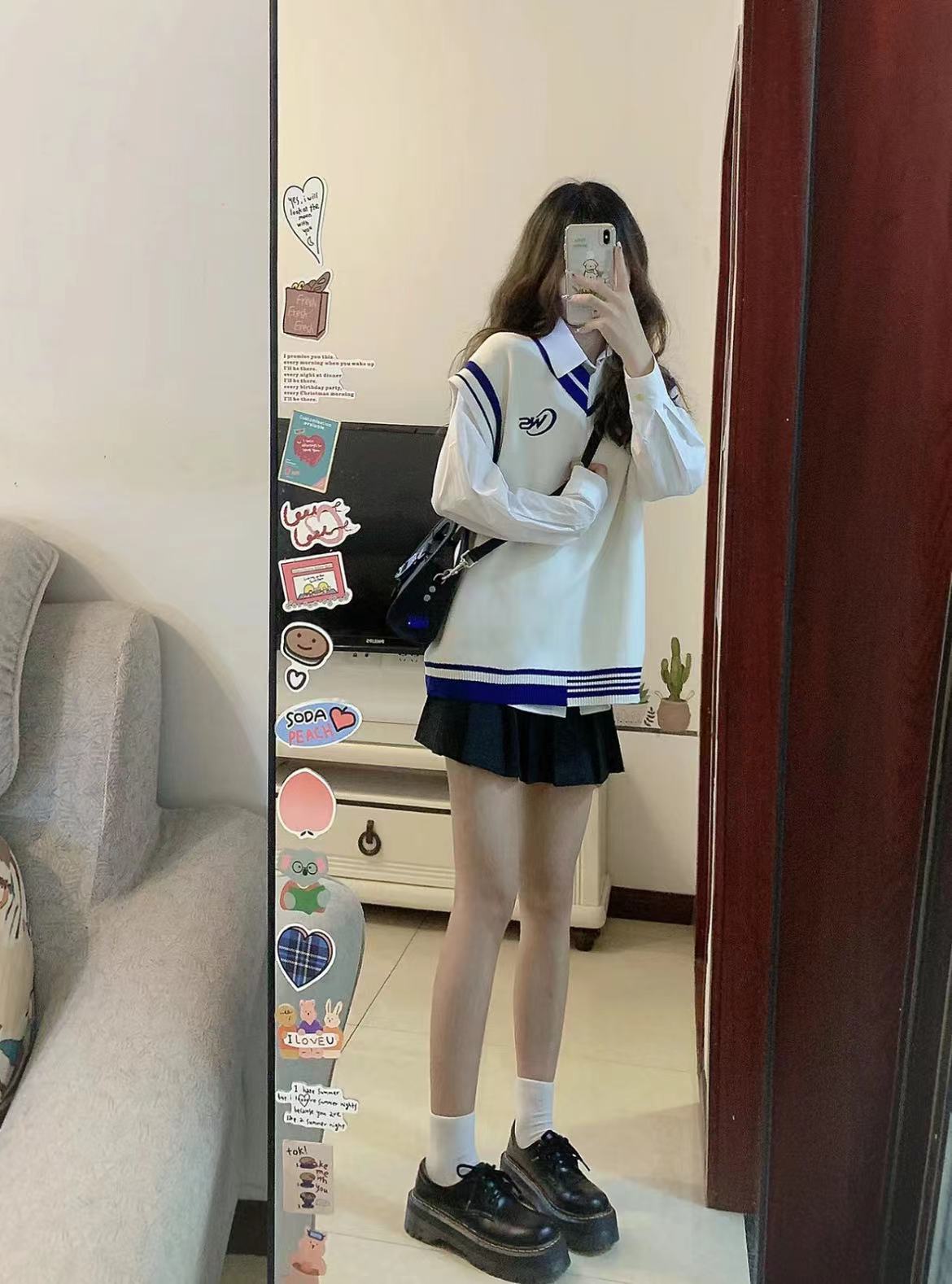 秋季穿搭一整套少女學院風學生馬甲寬鬆襯衫百褶裙三件套可鹽可甜