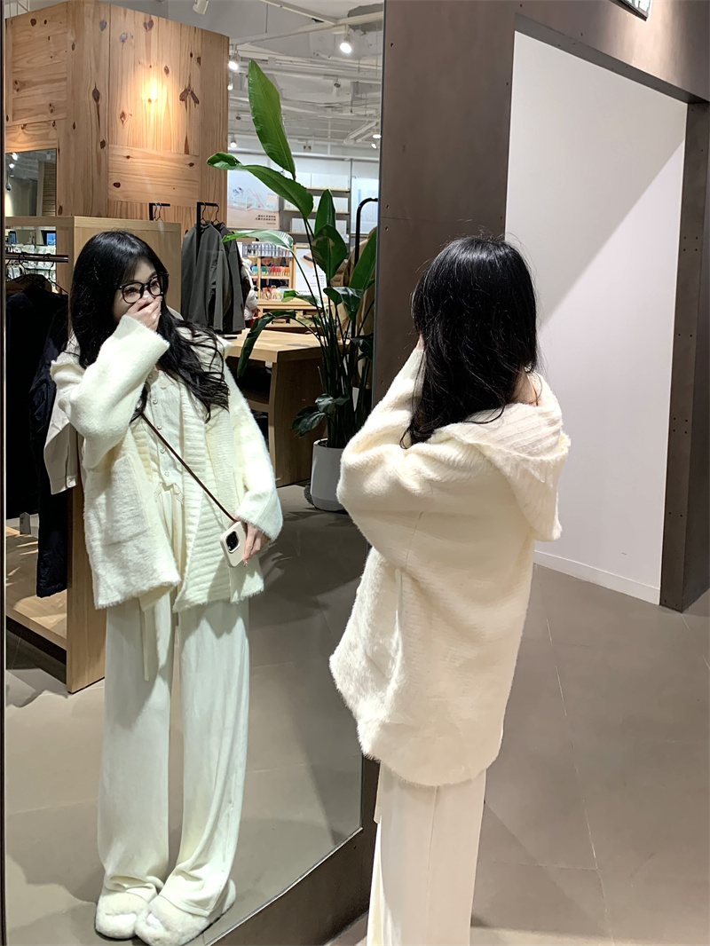 實拍#仿貂毛寬鬆長袖毛衣外套闊腿長褲女2023新款秋冬兩件套