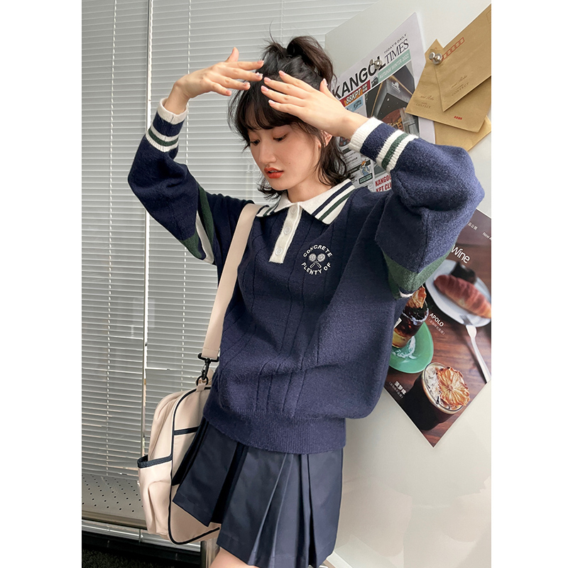 學院風polo領毛衣女秋冬季軟糯糯新款復古寬鬆慵懶風設計感針織衫