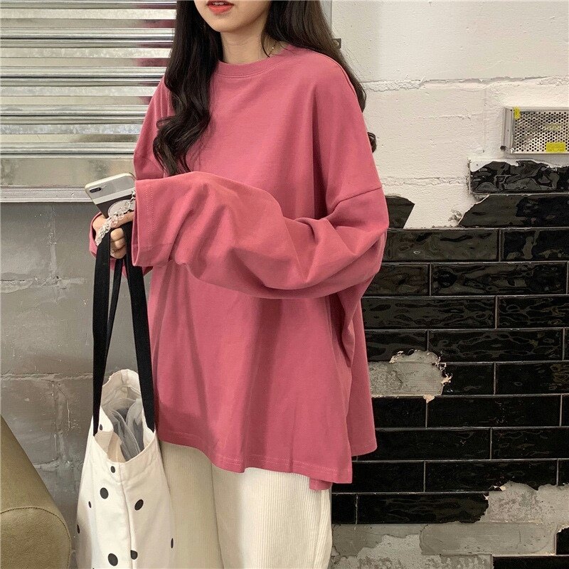 Slit solid color long-sleeved T-shirt women's fashionable bottoming shirt Korean style trendy student outer wear loose top