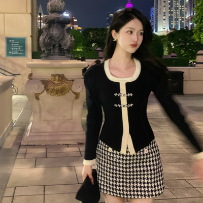 時尚國風新中式撞色毛邊套頭針織衫早秋復古修顯瘦百搭上衣女