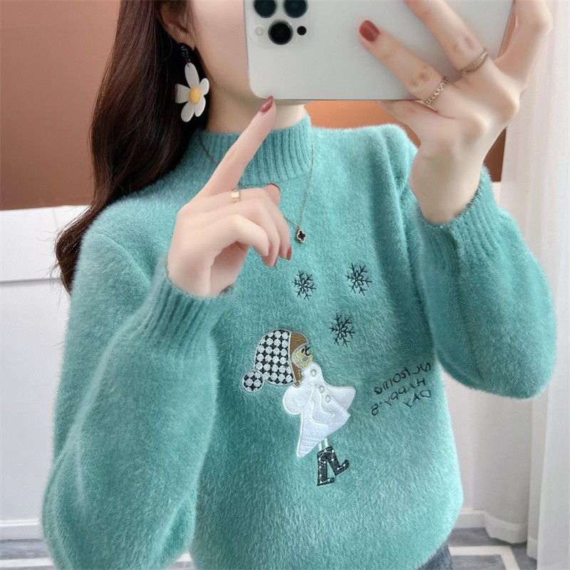 半高領套頭毛衣女2023秋冬新款寬鬆洋氣打底衫繡花上衣針織衫