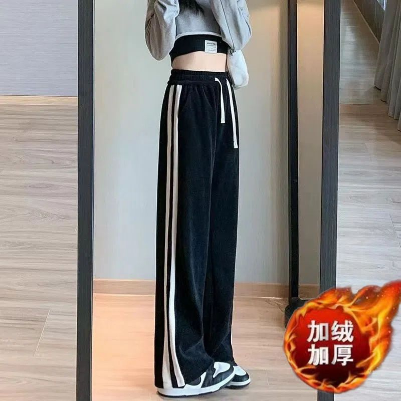 美式重磅復古條紋燈芯絨褲子女秋冬新款加絨加厚寬鬆直筒休閒衛褲