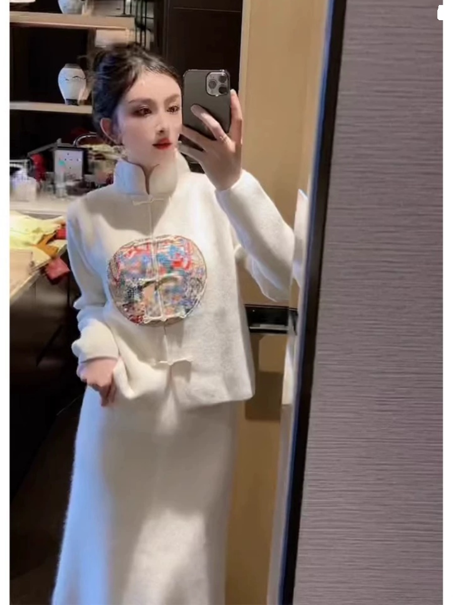 韓系甜美珍珠蝴蝶結圓領泡泡袖套頭針織衫女秋冬氣質釘珠袖套毛衣