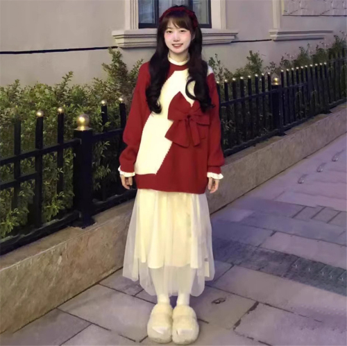 2024秋冬毛衣套装慵懒宽松新年圣诞红色蝴蝶结针织衫半身裙两件套