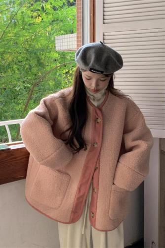 Actual shot~Pink lambswool coat for women winter new style casual plus velvet thickened loose plush top