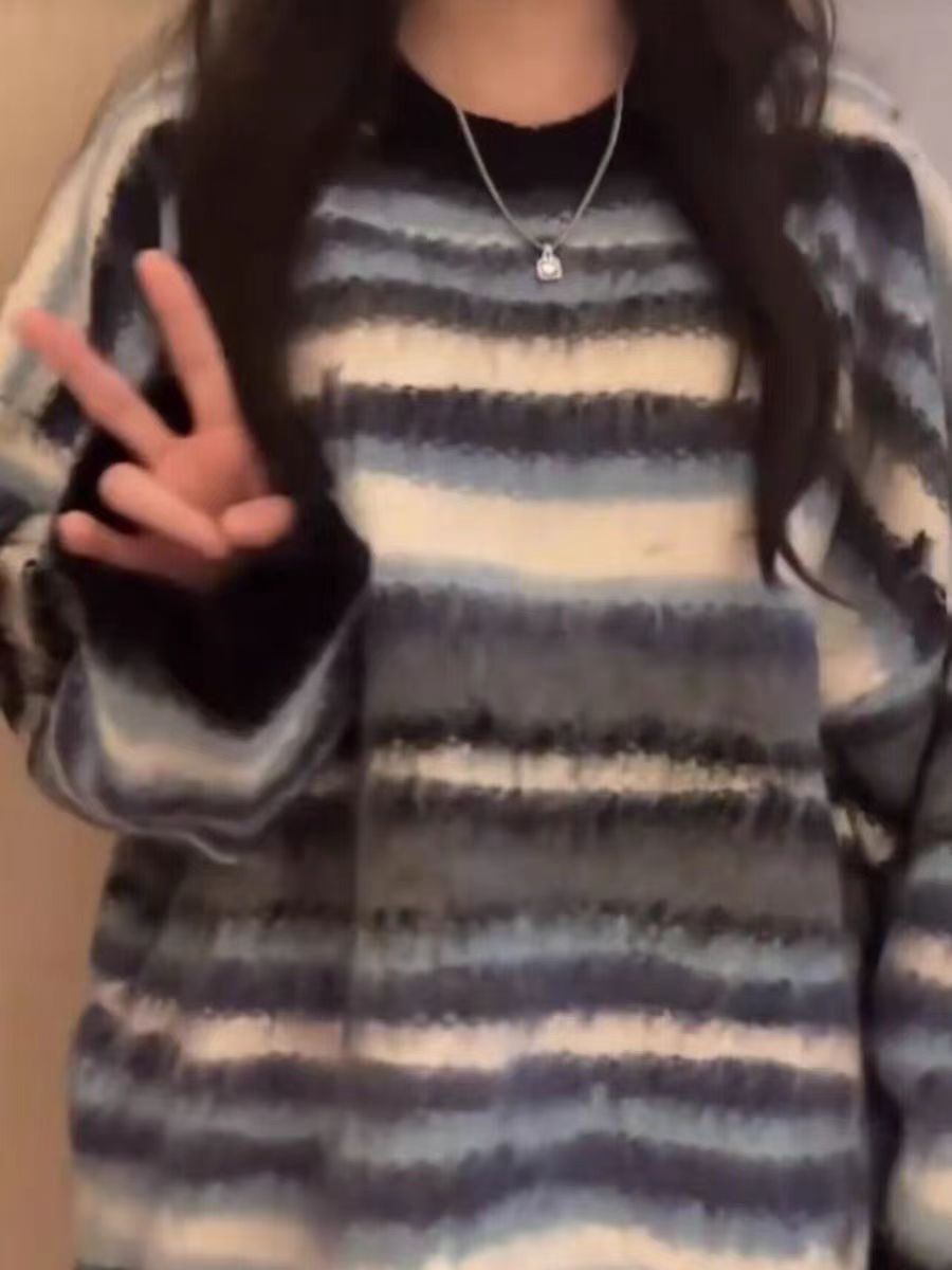 慵懶風撞色拉絨套頭毛衣女秋冬寬鬆韓版馬海毛針織衫上衣