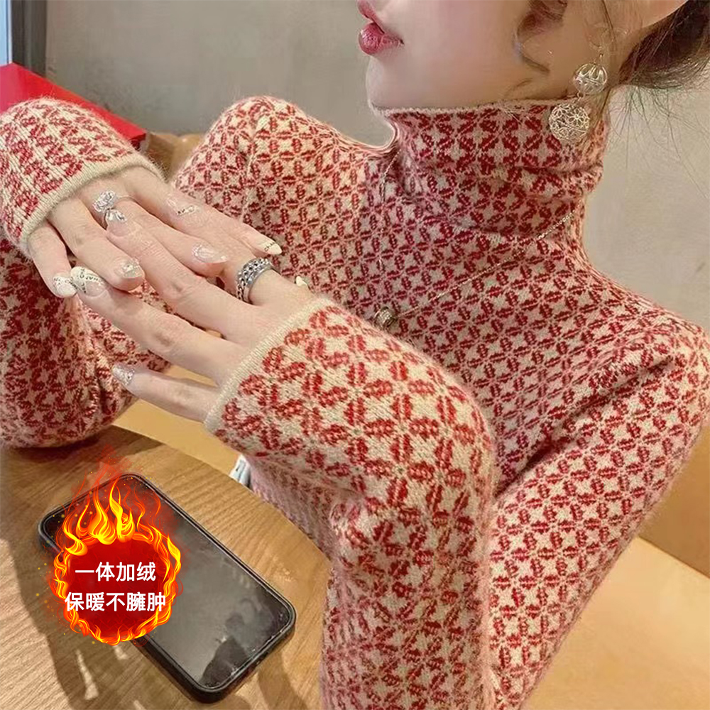 加絨加厚一體絨毛衣女內搭大碼半高領套頭打底衫洋氣保暖上衣