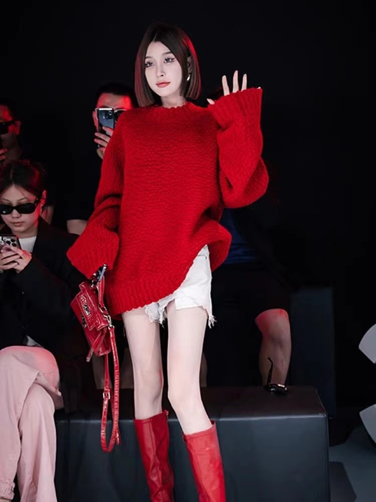 女士慵懶風套頭寬鬆紅色毛衣女秋冬2023新款高級感中長款上衣