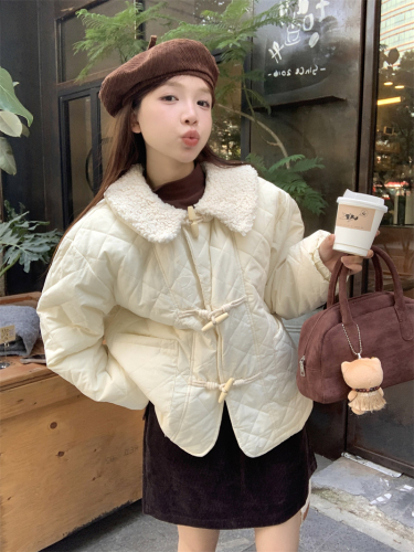 Actual shot~ Japanese style gentle Korean style rhombus cotton coat horn button plus velvet lambswool coat for women thickened in winter