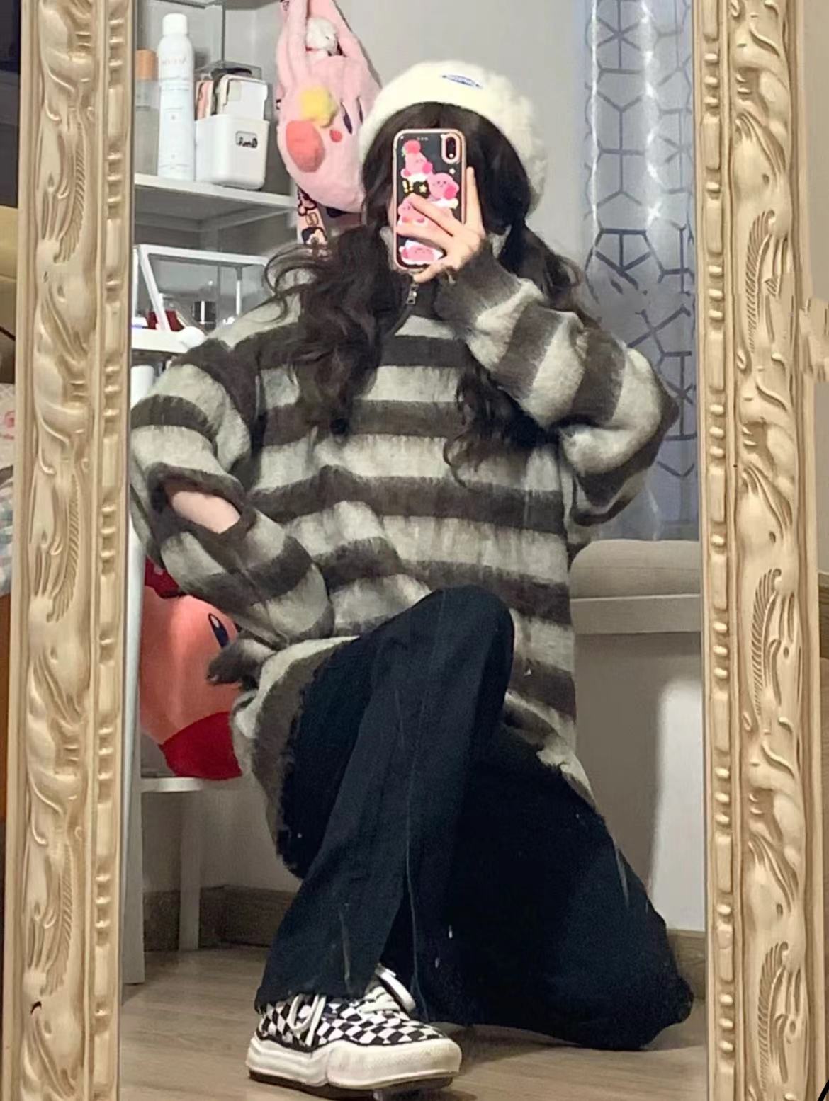 設計感小眾條紋側拉鏈毛衣女秋季oversize寬鬆復古慵懶風針織衫
