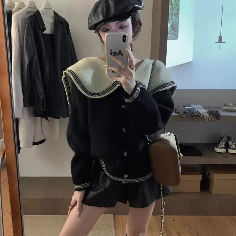 秋冬季網紅女神洋氣御姐心機海軍風毛衣加皮褲兩件套裝輕熟冬裝