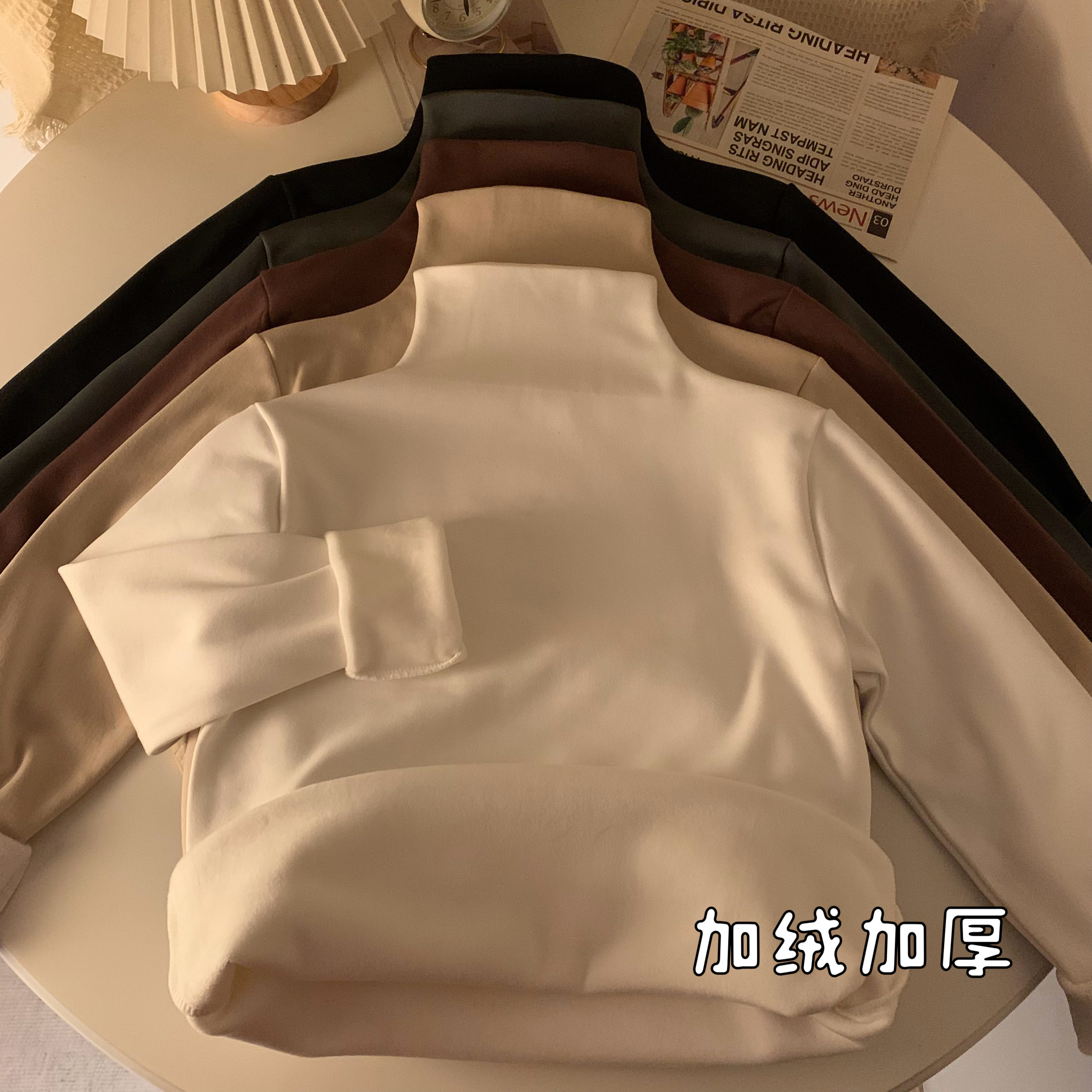 實拍冬季加絨加厚百搭半高領T恤女簡約外穿內搭純色打底上衣