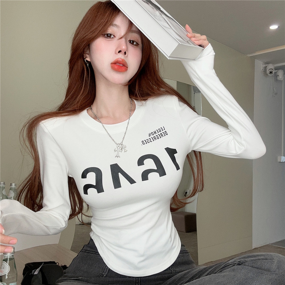 Real shot - new autumn and winter letter print slim fit thickened brushed bottoming T-shirt