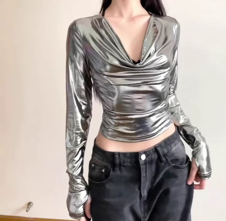 純欲辣妹夜店風上衣女春秋美式亮面長袖t恤打底衫內搭