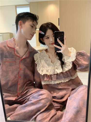 Real shot of couple's spring and autumn cotton brushed loose casual smoked color sweet skin-friendly and comfortable long-sleeved home clothes