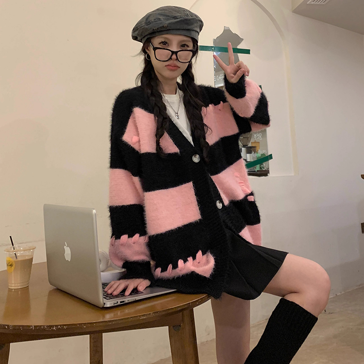 冬季女裝日系甜美寬鬆條紋貂絨毛衣+百褶半身裙學院風小個子套裝