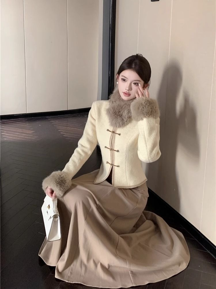 新中式設計感毛毛拼接長袖外套半身長裙女秋冬2023新款時尚兩件套