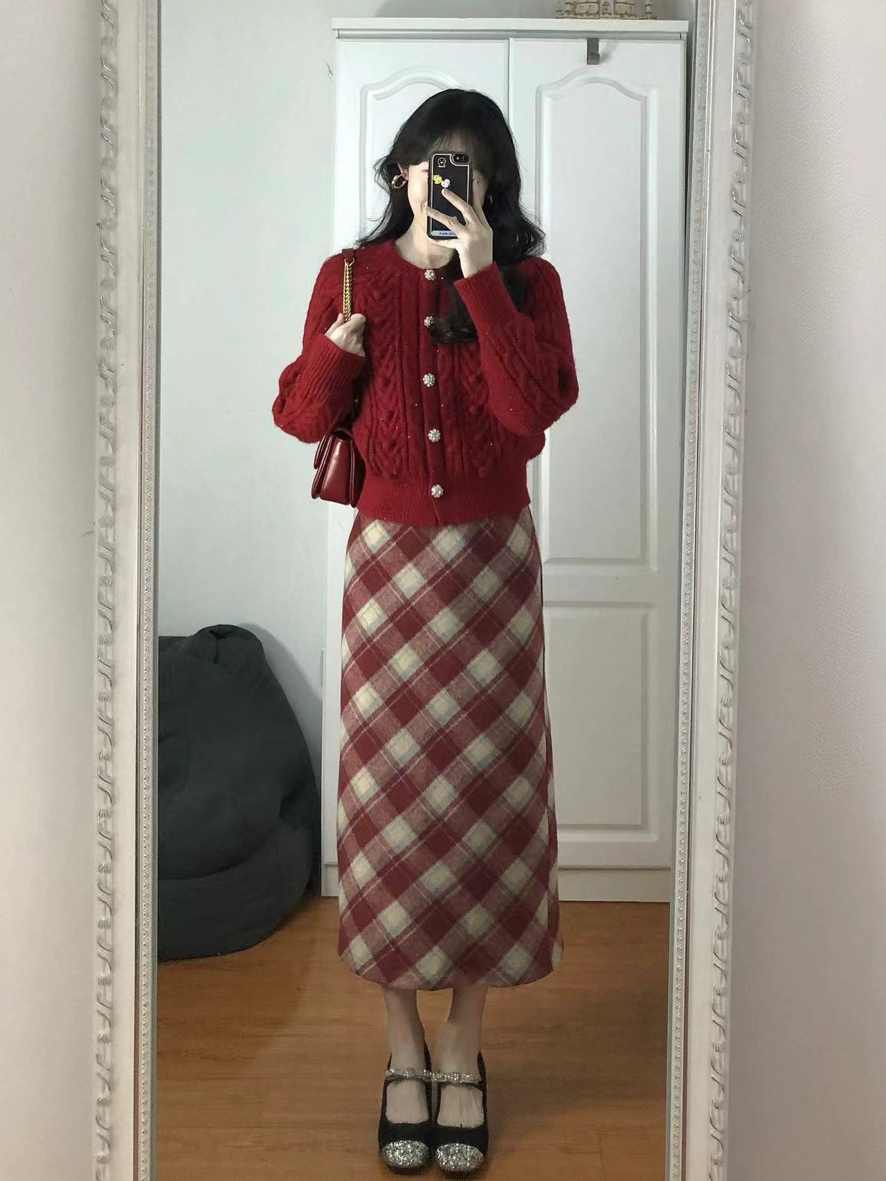 秋冬季小個子聖誕穿搭紅色毛衣格子裙洋氣高級感慵懶風兩件套裝女