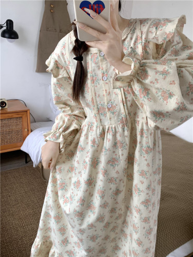 Real shot of Korean version of spring and autumn pastoral style women's loose cotton brushed skin-friendly comfortable casual home wear nightgown