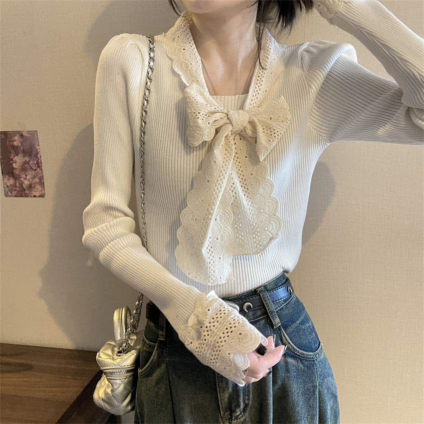實拍蕾絲拼接綁帶修身針織衫設計感顯瘦上衣女