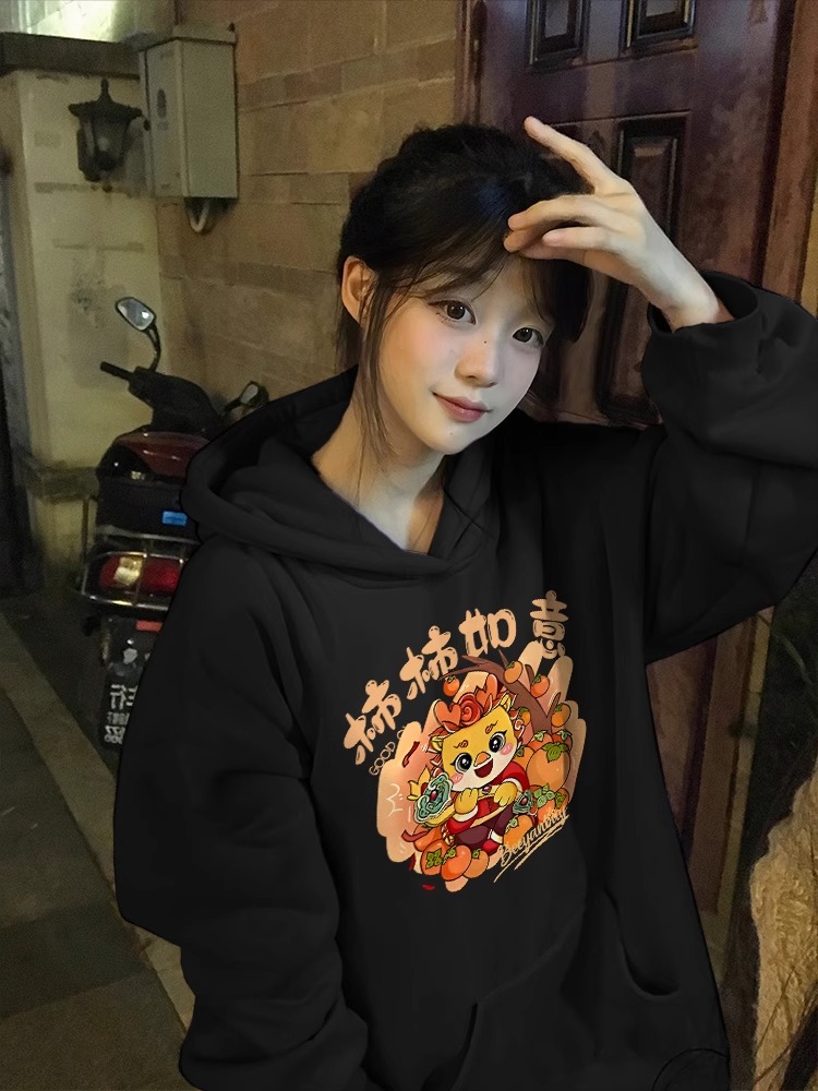 CVC棉麵食毛華棉複合/牛奶絲300克銀狐絨400克前 印花連帽衛衣女