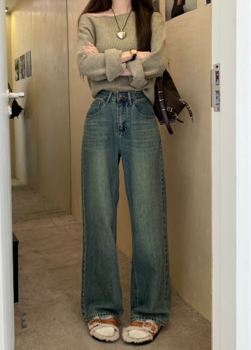 Actual shot~New washed retro blue distressed jeans for women with pocket embroidery loose wide-leg straight pants