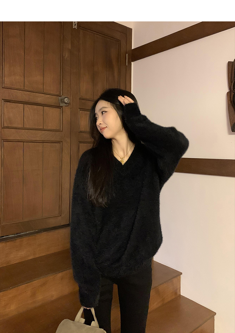 GAZ線上商店秋冬美式慵懶寬鬆V領馬海毛毛衣男女仿水貂毛針織衫潮