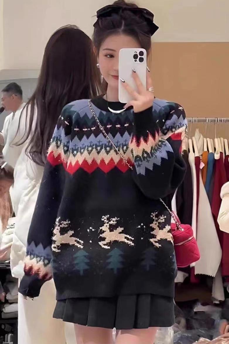韓版2023秋冬新款寬鬆加厚提花聖誕針織保暖毛衣女