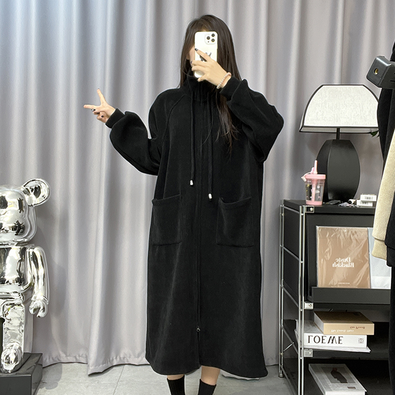 黑色衛衣加絨加厚連衣裙子女秋冬季2023新款內搭打底高領拉鏈長裙