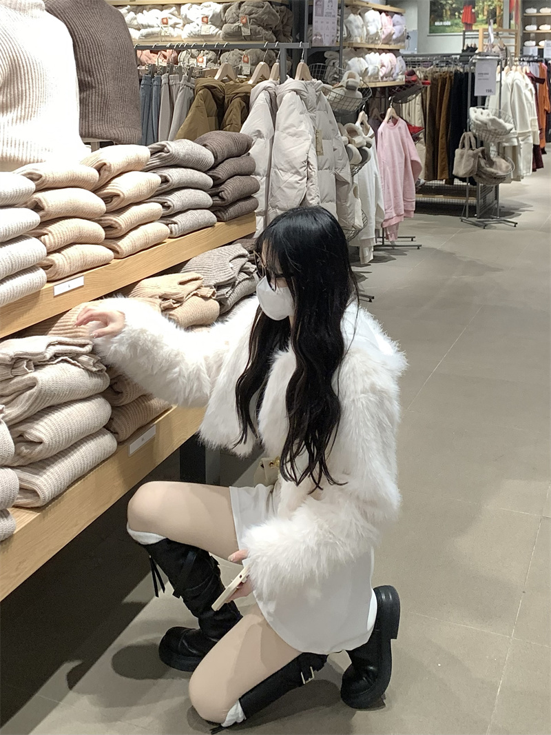 Actual shot#Plush coat for women, thickened, warm and eco-friendly, artificial fur + fur collar, slim waist dress
