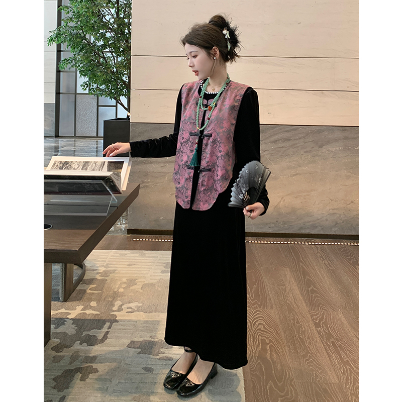 2024早春大碼女裝國風兩件套新中式大碼套裝中長裙不含項鍊