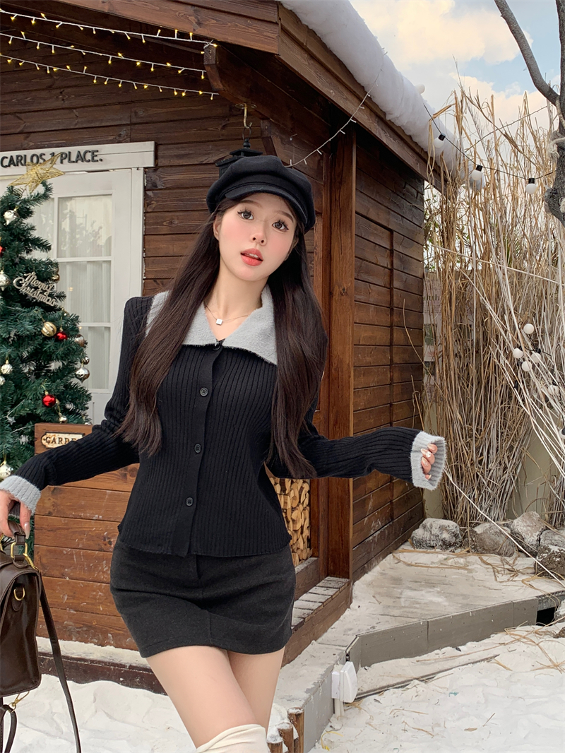 實拍 秋冬新款法式溫柔風拼接外穿短款針織衫長袖毛衣女