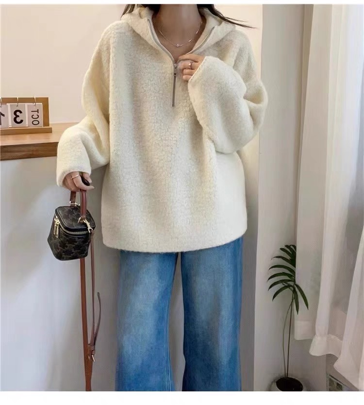 歐洲站2023冬季新款女潮懶散風寬鬆韓版顆粒絨加厚連帽羊毛毛衣