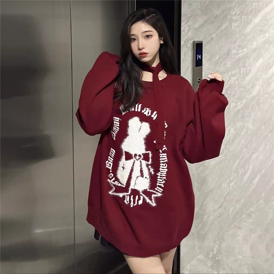 crazygirl小兔搖籃曲秋冬顯白聖誕款黑紅套頭原創燈籠袖毛衣