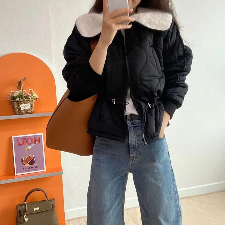 chic Korean autumn and winter fashion retro lamb wool doll collar drawstring waist warm short cotton coat