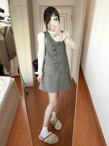 两件套韩版小众毛边设计感打底针织衫+洋气减龄背心裙时尚套装女